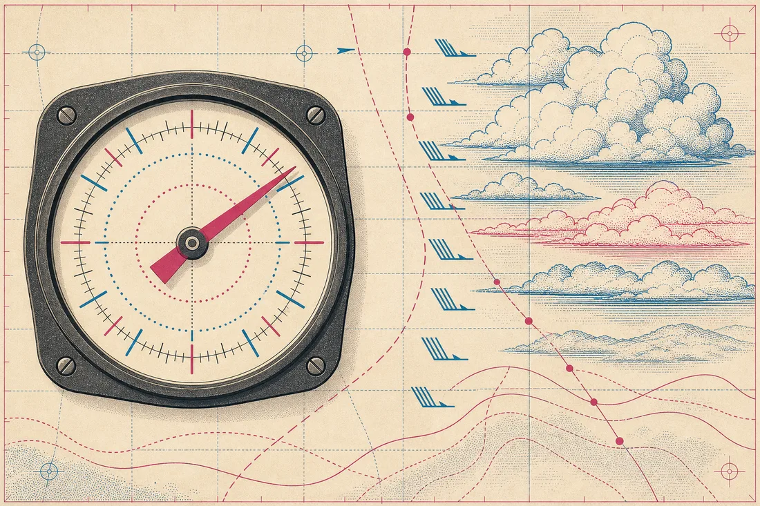 Wind dial instrument with cloud layers drawn in aeronautical chart style